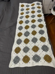 Handmade crocheted Scarf Off White,Grey,Gold many possible uses ,table runner - Picture 1 of 17