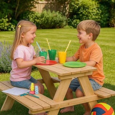 Kids Wooden Picnic Bench Table Eco-Friendly Pine Sturdy Outdoor Garden Furniture - Image 1 of 4