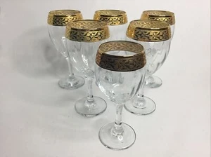 Vintage Set Of 6 Gold Trimmed Crystal Pedestal Stemmed Wine Glass Made In Italy - Picture 1 of 11