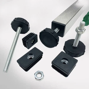 Black Adjustable Feet Threaded Tube Insert Sets For Square Tubes Table Shelf Mat - Picture 1 of 39