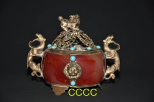 Quemador de incienso de león dragón jade rojo con incrustaciones de cobre plateado único de China - Imagen 1 de 9