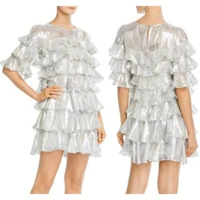 Mini Vestido Rebecca Taylor Lily Volantes en Niveles Mezcla Metálico Seda Plateado Talla 0 Foto 1 de 4
