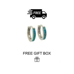 14k White Gold One Row Dark Green Opal Huggie Hoop Earrings - Picture 1 of 1
