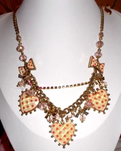 BETSEY JOHNSON RARE VINTAGE IVY LEAGUE POLKA DOT HEARTS AND BOWS CHARM NECKLACE - Picture 1 of 13