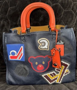Coach Varsity Patch Rogue 30 Leather Bag Navy Orange Handle EUC - Picture 1 of 17