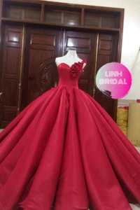 Red (or white) satin princess box pleat wedding ball gown dress with rose detail - Picture 1 of 4