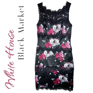 WHBM BLACK ROSE FLORAL LACE SLEEVELESS SATIN COCKTAIL SHEATH DRESS, SIZE 6 - Picture 1 of 7