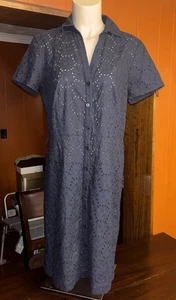 Brooks Brothers Navy Eyelet Shirt Dress Women’s Size 10 Button Front Midi Cotton - Picture 1 of 14