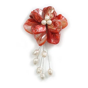 50mm D/Red Shell with Freshwater Pearl Bead Tassel Asymmetric Flower - Picture 1 of 5