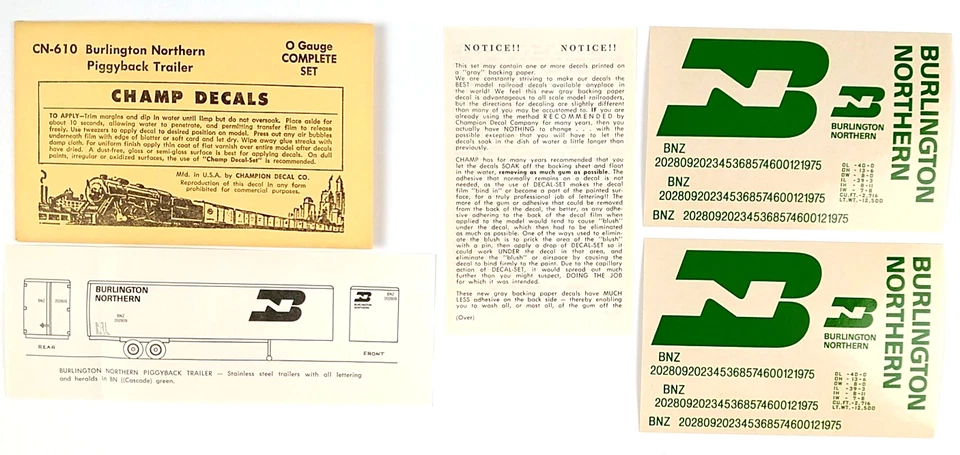O Gauge CN-610 Burlington Northern Piggyback Trailer Green Champ Decals PB854 - Image 1 of 1