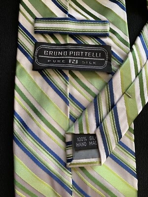 Corbata de seda para hombre Bruno Piattelli verde azul a rayas diseñador clásica hecha a mano Foto 1 de 4