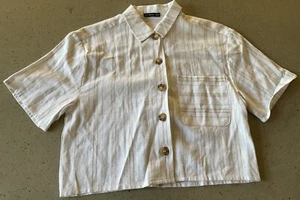Cotton On Linen Cropped Oversized Short Sleeve Shirt White Beige Stripe XS 8 NEW - Picture 1 of 10