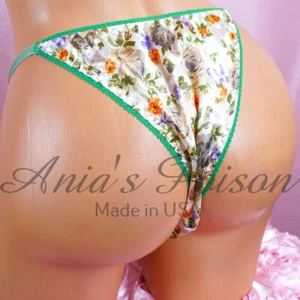NEW CAFE Cut Budget friendly MENS Brazilian String bikini Green Floral Roses - Picture 1 of 6