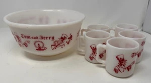 Vintage Hazel Atlas Egg Nog Bowl "Tom & Jerry" with 5 Matching Mugs - Picture 1 of 7