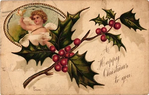 CHRISTMAS Greeting Butterfly Cherub Mistletoe Embossed Vintage Postcard - Picture 1 of 2