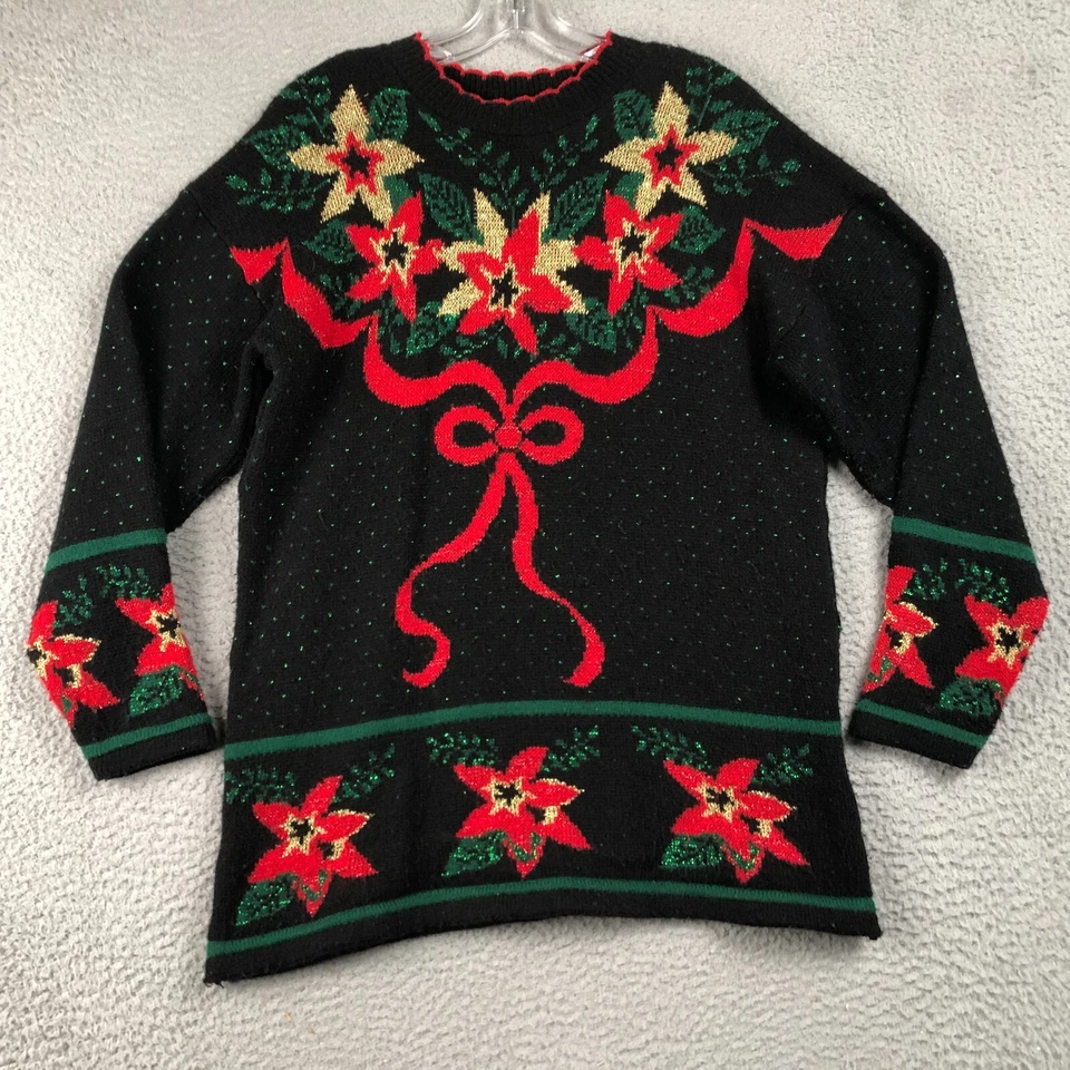 Suéter de Natal Feminino S Preto Vermelho Poinsétia Bow Knit Vintage Dana Scott - Imagem 1 de 4