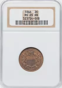 1866 2C COIN TWO CENT PIECE NGC MS65 RB GEM RED BROWN FREE PRIORITY SHIPPING - Picture 1 of 4