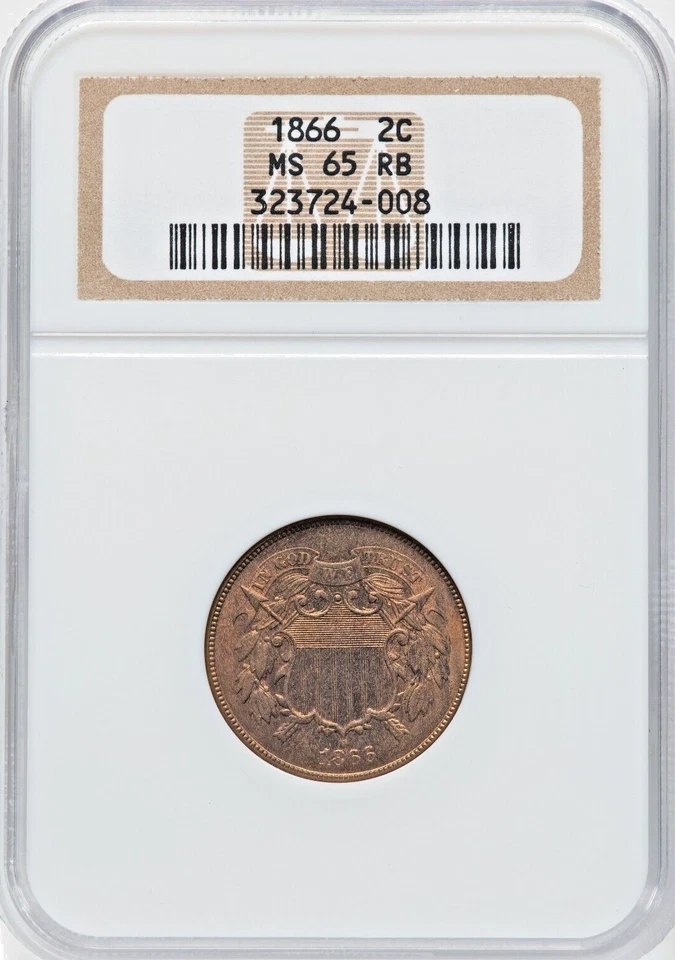 1866 2C COIN TWO CENT PIECE NGC MS65 RB GEM RED BROWN FREE PRIORITY SHIPPING - Image 1 of 4