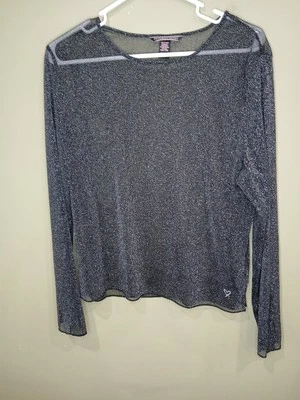 Victoria's Secret Top Black Sheer Mesh Sliver Glitter  Sparkle Long Sleeve M/L - Image 1 of 4