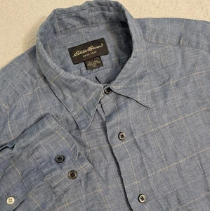 Eddie Bauer Shirt Mens M Blue 100% Linen Long Sleeve Button Up Windowpane Plaid - Picture 1 of 9