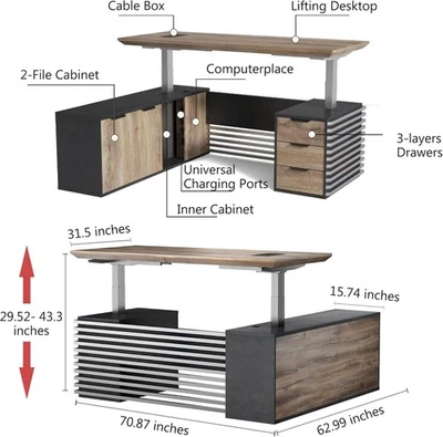 86.61In L Shaped Executive Standing Desk Large Adjustable Heigh Business Desk - Image 1 of 4