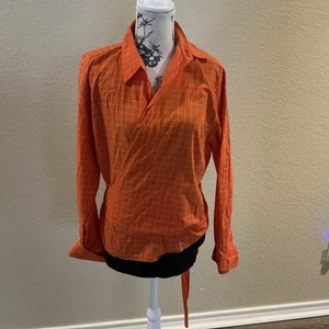 Lauren Ralph Lauren Top Womens 2xl Orange/white Checkered Wrap/ Blouse With Belt - Picture 1 of 9