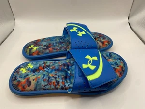 Under Armour mens slide-on Sandals youth size 1 blue and neon green - Picture 1 of 9