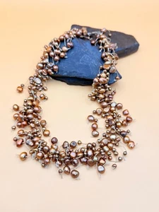 Iridescent brown Freshwater pearl and silver wire statement necklace. 17 inches - Picture 1 of 6