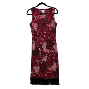 Vintage La Belle Women's Red & Black Floral Sleeveless Dress With Fringe Hem L - Picture 1 of 7