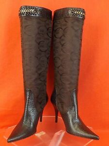 NEW JUST CAVALLI BROWN CROCODILE PRINT LEATHER LOGO CANVAS CHAIN TALL BOOTS 40