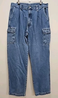 Vtg St Johns Bay Denim Jean Cargo Pants Mens 38x34 Med Wash Actual 35x31.5 - Image 1 of 4