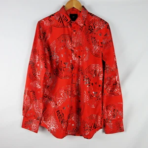 Camicia Platini Uomo Rosso Medio Bottone Leone Metallico Disco Latina Manica Lunga - Foto 1 di 13