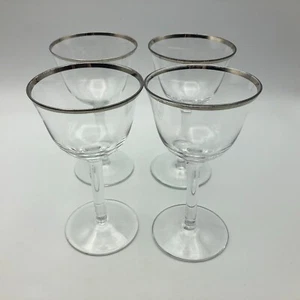 Wine Glass Clear Silver Rim Set of 4 Vintage MCM 5-1/2" Tall Stemmed 3" Diameter - Picture 1 of 14