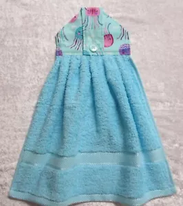 Jazberryz Kitchen Hanging Hand Towel JELLYFISH on Aqua Button Close Handmade - Picture 1 of 2