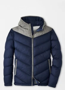 Peter Millar Men's Alpine Parka Jacket XL Navy Blue Gale Grey Hooded Puffer - Picture 1 of 7