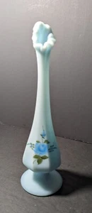 Fenton Blue Glass Vase Swung Satin Finish Hand Painted Floral Signed - Picture 1 of 6