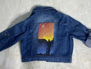 Highway Jeans Jacket Women's Cropped Med Handpainted Desert Cactus Sunset - Picture 1 of 9