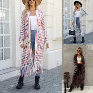 Womens Boho Cardigan Sweater Open Front Fringed Tassels Aztec Maxi Cardigan - Picture 1 of 9