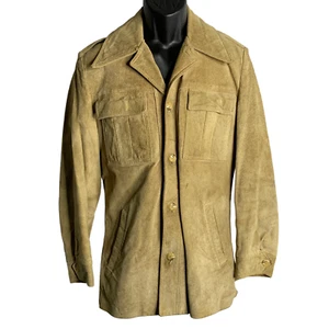 Vintage 70s Woolrich Leather Coat M Tan Lined Pockets Button Up Notch Collar - Picture 1 of 8