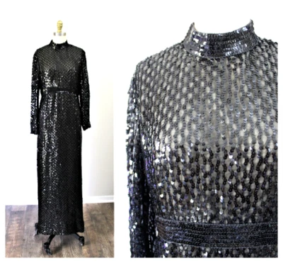 Maxi Vestido De Colección Años 60 Mardi Gras NY Hollywood Showgirl Desnudo Ilusión Negro Lentejuelas Foto 1 de 4