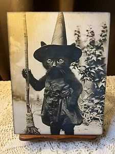 Victorian Witchy Black Cat, Vintage Halloween, Handcrafted Canvas Board Sign A - Picture 1 of 3