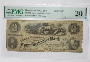 1864 $3 Three Dollar Lynn Mechanics Bank, Massachusetts (SPURIOUS) PMG 20 - Foto 1 di 7