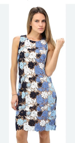 Abito donna Michael Kors bianco blu navy floreale applicazioni pizzo tubino taglia 00