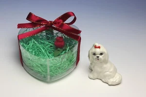 NEW Maltese Miniature Porcelain Figurine with Red Hair Bow in Heart Shape Box - Picture 1 of 11