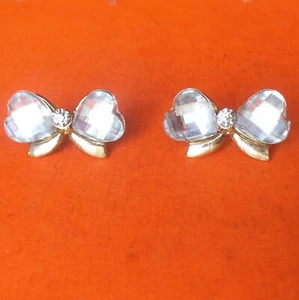 Pretty Clear Crystals Two Hearts Bow Knot Gold Tone Stud Earrings: UK Seller - Picture 1 of 6