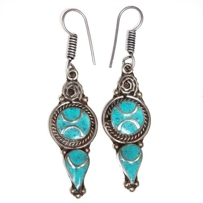 Tibetan Turquoise Lapis Lazuli Nepali Earrings Handmade Jewelry Coral Tribal - Image 1 of 4