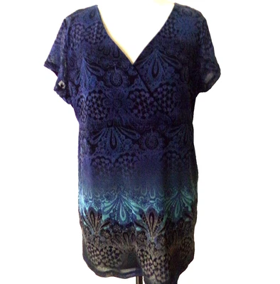 Blusa Pullover Liz Wear Forrada Transparente Azul Ombre Manga Corta Cuello en V Mujeres Grande Foto 1 de 4