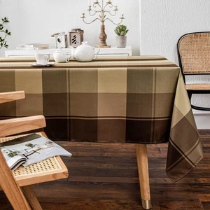 Taupe Plaid Check Rectangle Tablecloth Holiday Table Cover Checkered 52 x 70 - Picture 1 of 5