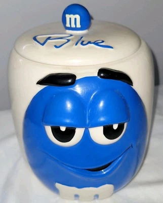 Tarro de galletas de cerámica vintage M&M con tapa bote de caramelos azul galería 2003 Foto 1 de 4