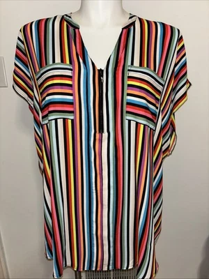 Torrid 3X (22-24) Multicolor Stripe Zip Front Short Sleeve Blouse NWT $39.50 - Image 1 of 4